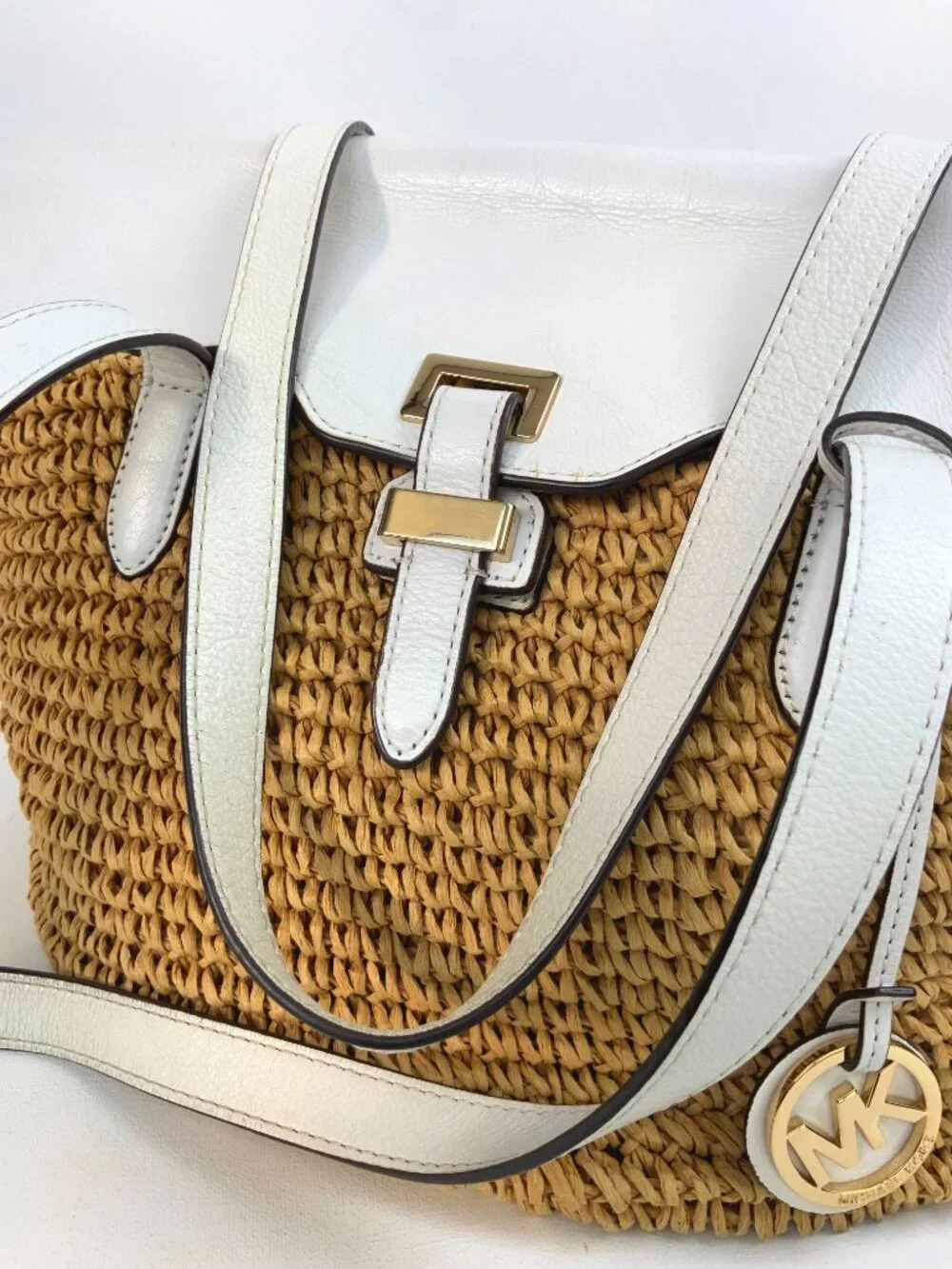 Michael Kors Naomi Straw Raffia Tote Bag White Leather Trim Vacation Summer